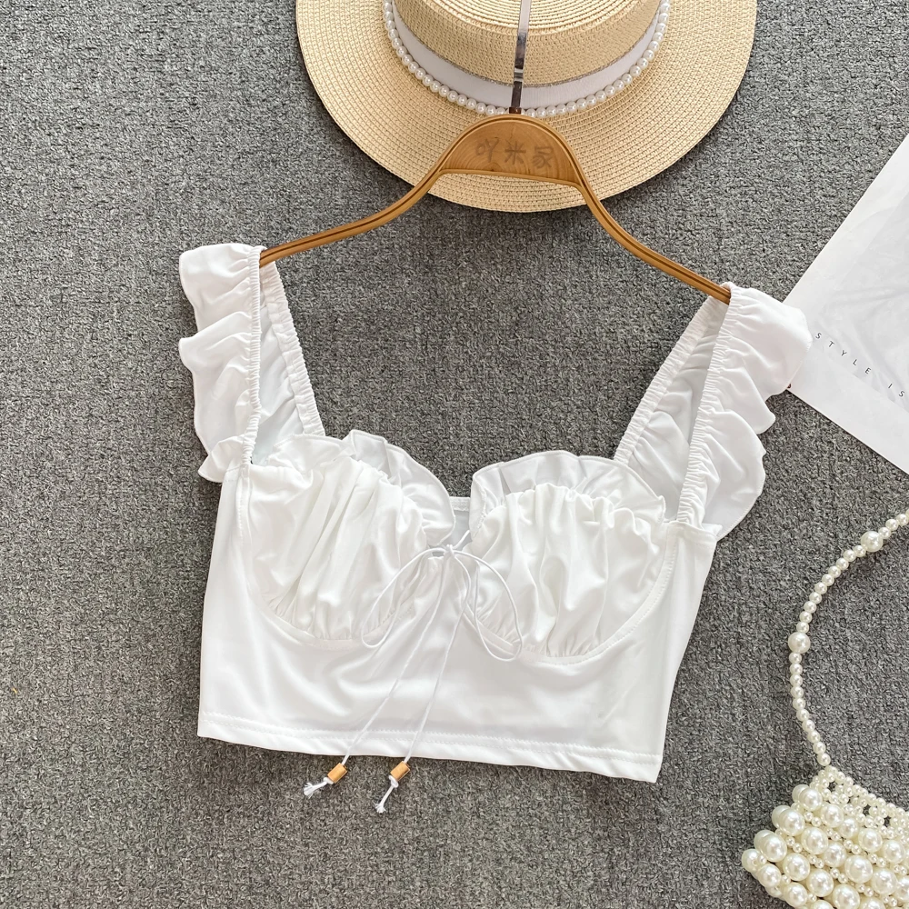 

Женский эластичный хлопковый топ с оборками, топ без рукавов с открытой спиной, популярный летний корсет с воротником-лодочкой для девушек, ...