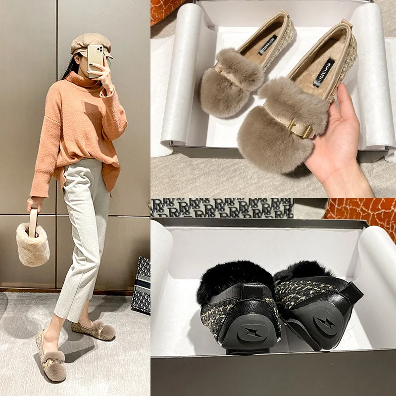 Winter Wool Shoes New Shallow Single Shoes Low Heel Leggings Rex Rabbit Hair Sweet Fashion Women's Shoes Bean Shoes
