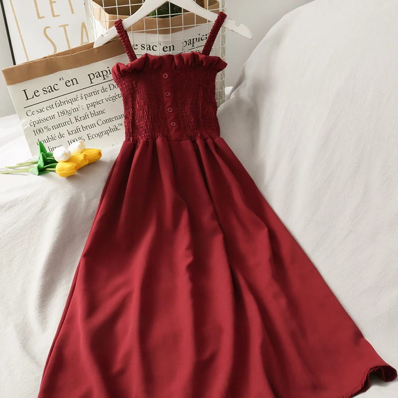 

Women Fungus Slash Neck Camisole Dress Girls Wrinkled Stretchy Fit And Flare Buttons Long Dresses 2022 Summer