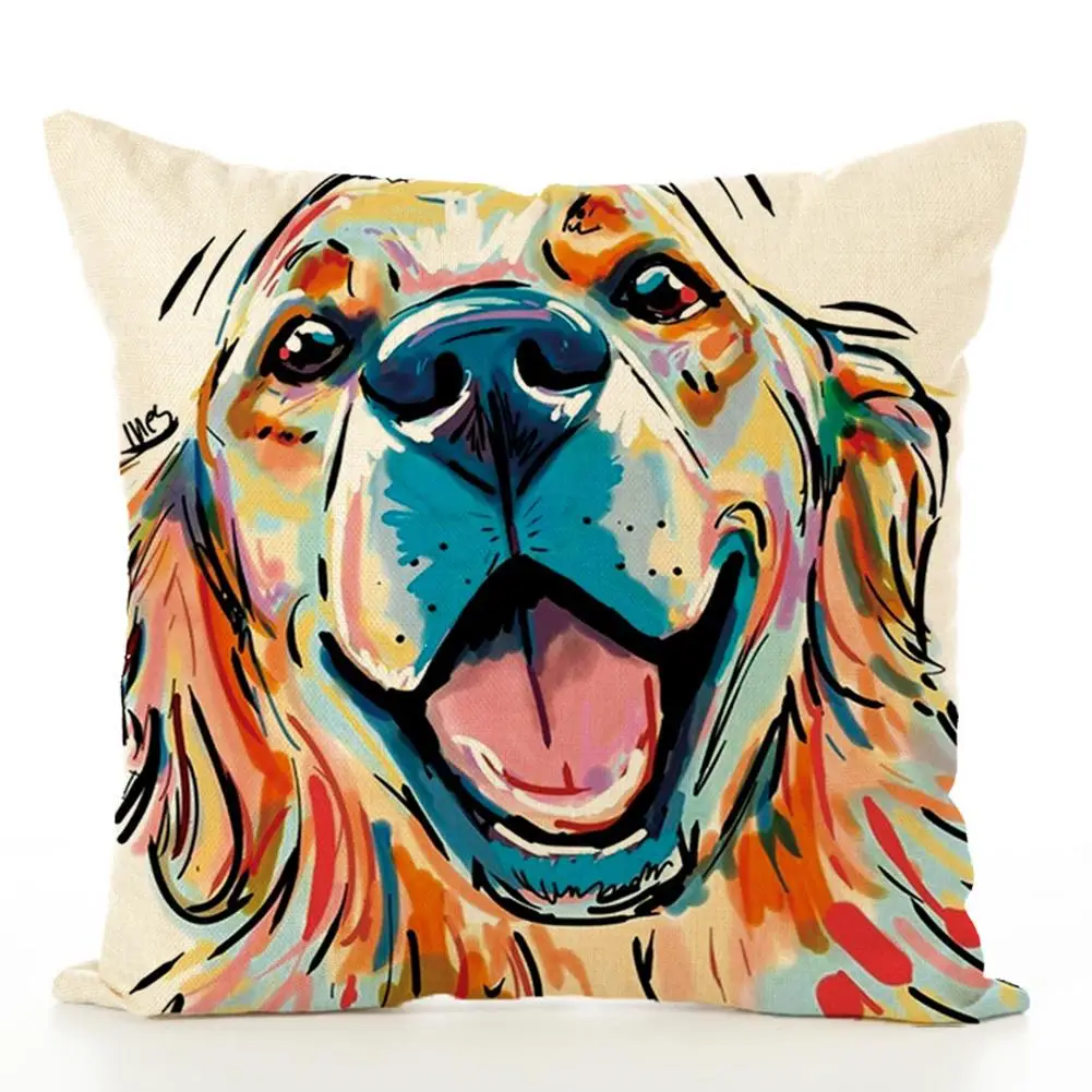 

Cute Dog Patttern Printing Square Linen Throw Pillow Cover for Office Sofa Chair In Stock