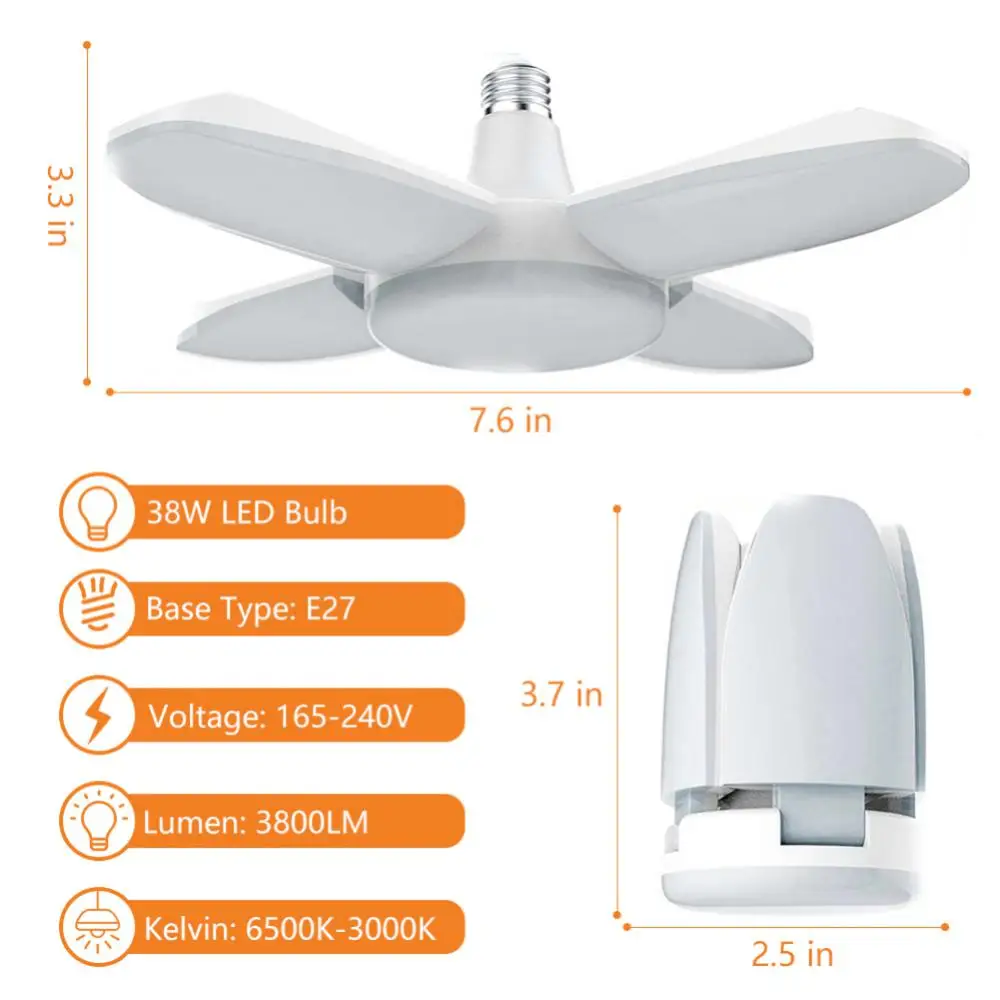 

1pcs Foldable LED Garage Light E27 175-240V Home Ceiling Lamps 4 Blade Angle Adjustable Lights Lamp Cold/Warm White 3000-6500K