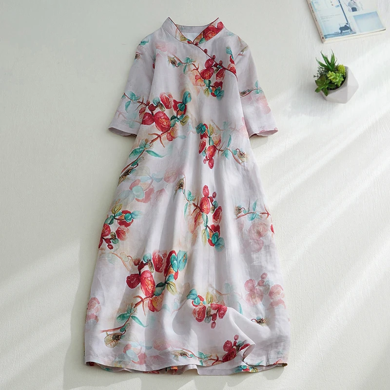 

Women Maxi Cotton Dresses Linen Floral Print Cheongsam Casual Loose Short Sleeve Sundress Summer Literary Vestidos Female