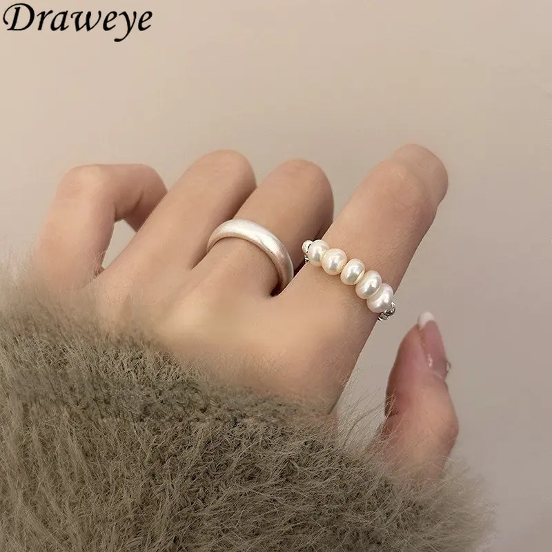 

Draweye Anillos Mujer Y2k Fashion Vintage Sweet Beads Pearls Sweet Simple Cuff Rings for Women Forefinger Hiphop Jewelry