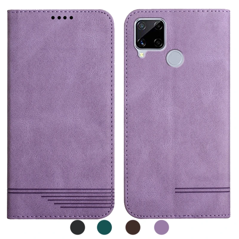 

Magnetic Wallet Phone Case For OPPO Realme C12 C15 C25 C17 C25s V11 Q2 5G Norzo 20 30 Pro 30A Stripe Solid Color Leather Cases