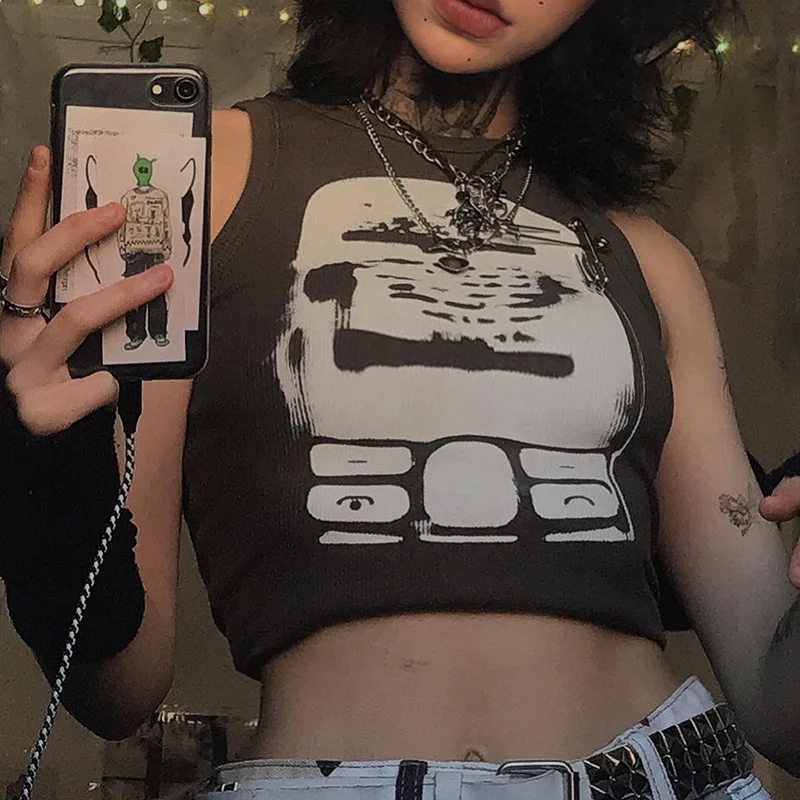 

Y2k Clothes SexyTops for Women 2022 Women's Summer Abstract Printed Sleeveless Vest Slim Fit Cover Head Exposed Navel With Vest