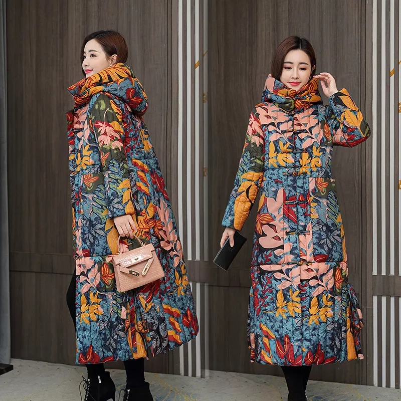 New2022 winter padded women 2020 new over knee thickened large Korean slim down padded jacket printed cold 905