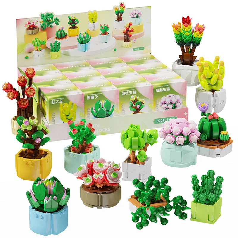 

A Set Of 12 Boxes Mini Succulent Potted Plants Building Blocks Home Decoration Diy Assembled Model Bricks Children Kids Toy Gift