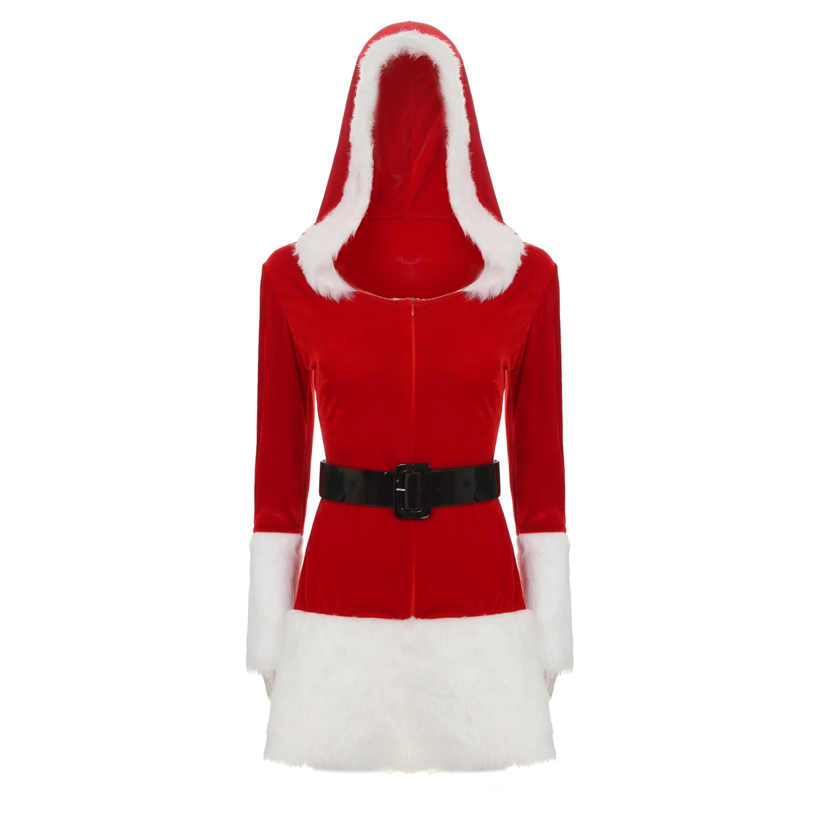 

Womens Christmas Costumes Santa Claus Role Play Outfit Zipper V Neck Long Sleeve Hooded Dress Faux Fur Trim Velvet Dresses