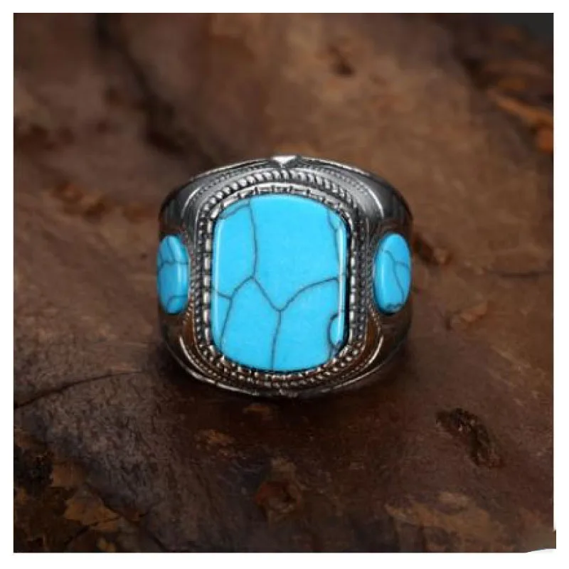 

European and American Hot-Selling Personality Fashion Retro Blue Turquoise Men's Ring Popular Trend Jewelry Gifts