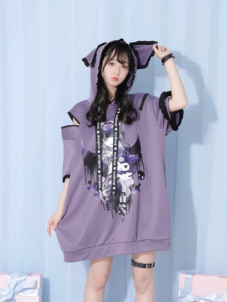 Женский пуловер с капюшоном Sanrio Kuromi футболка свободного покроя коротким рукавом