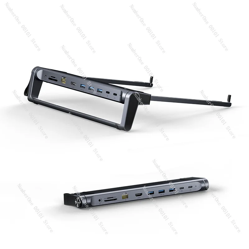 Фото Подставка для ноутбука с док-станцией, складной USB-C хаб, быстрая зарядка PD, Gigabit Ethernet, 4K HDMI, металлическая, регулируемая, портативная, для стола №1