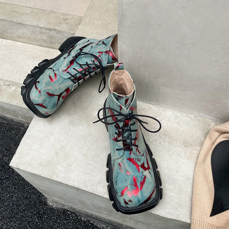 

Ankle Cow Leather Thick Bottom Platform Shoes Graffiti Lace-Up Women Boots Med Heel 5 CM High Quality Botas