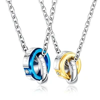 valentines day jewelry wholesale fashion stainless steel double ring set diamond pendant titanium steel lovers necklace