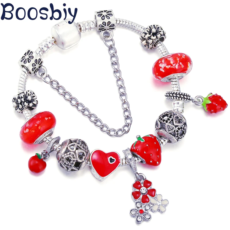 

Hot Sale Plant & Fruits Apple Strawberry Flower Charm Bracelet With Heart Pendant Fit Jewelry Gift DIY Bracelet Making For Women