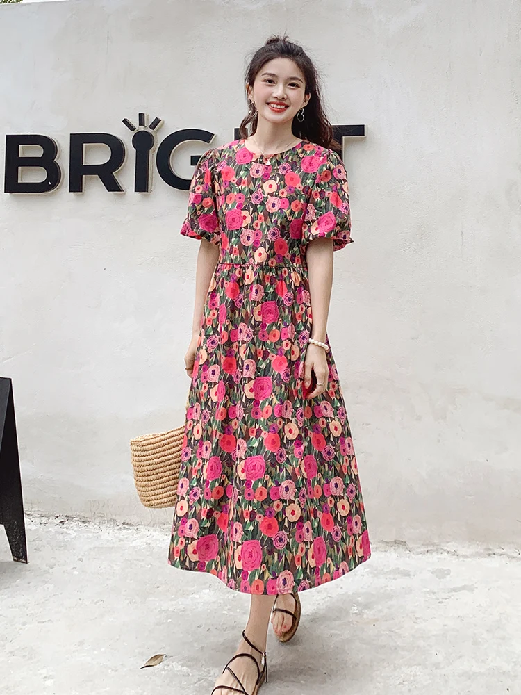 

Sweet Oil Painting Style Retro Bubble Sleeve Dress for Women Elegant Fashion Korean Loose Casual Print Long Dresses Girly Q831