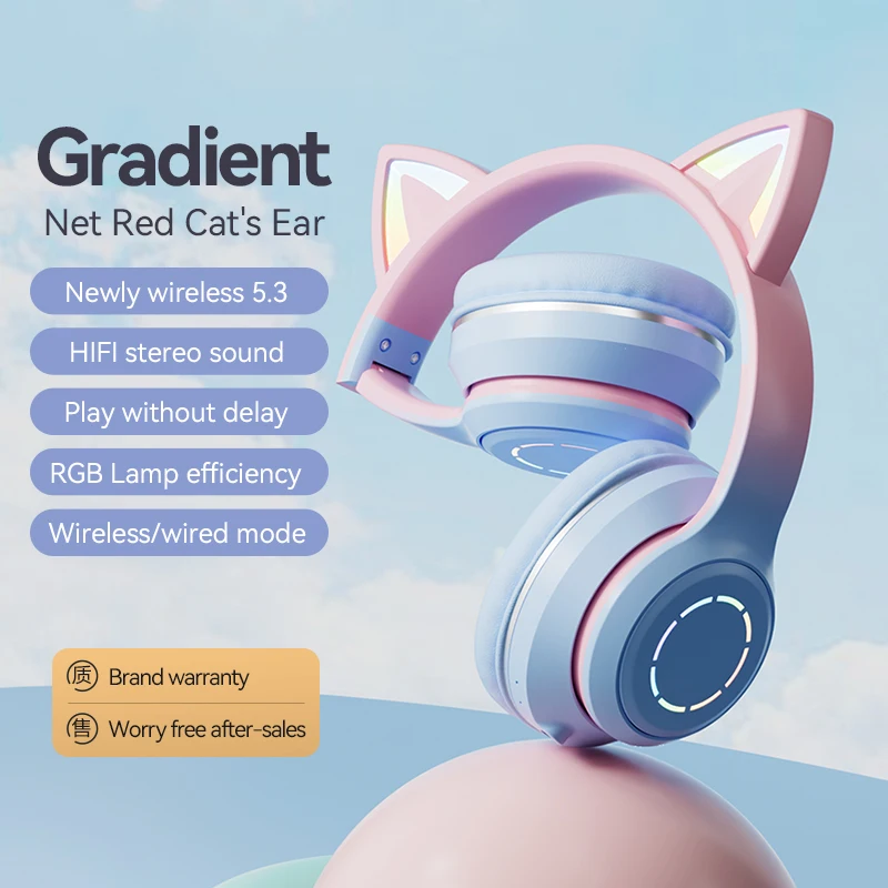 

Bluetooth Wireless Headphones Cat Ears Glow Stereo Bass Helmet Kids Game Girl Gift PC Mobile Game Headset with Microphone