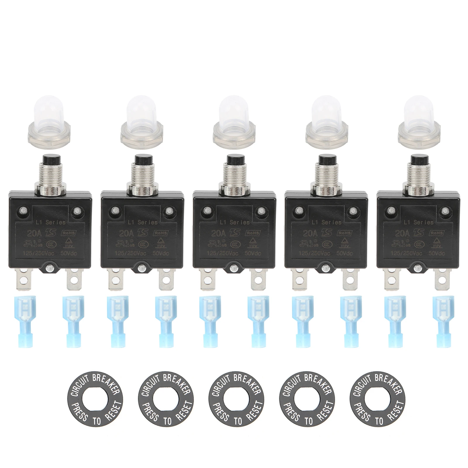 

20A Overload Thermal Circuit Breaker with Quick Connect Terminals Waterproof Cap Push Button Manual Reset