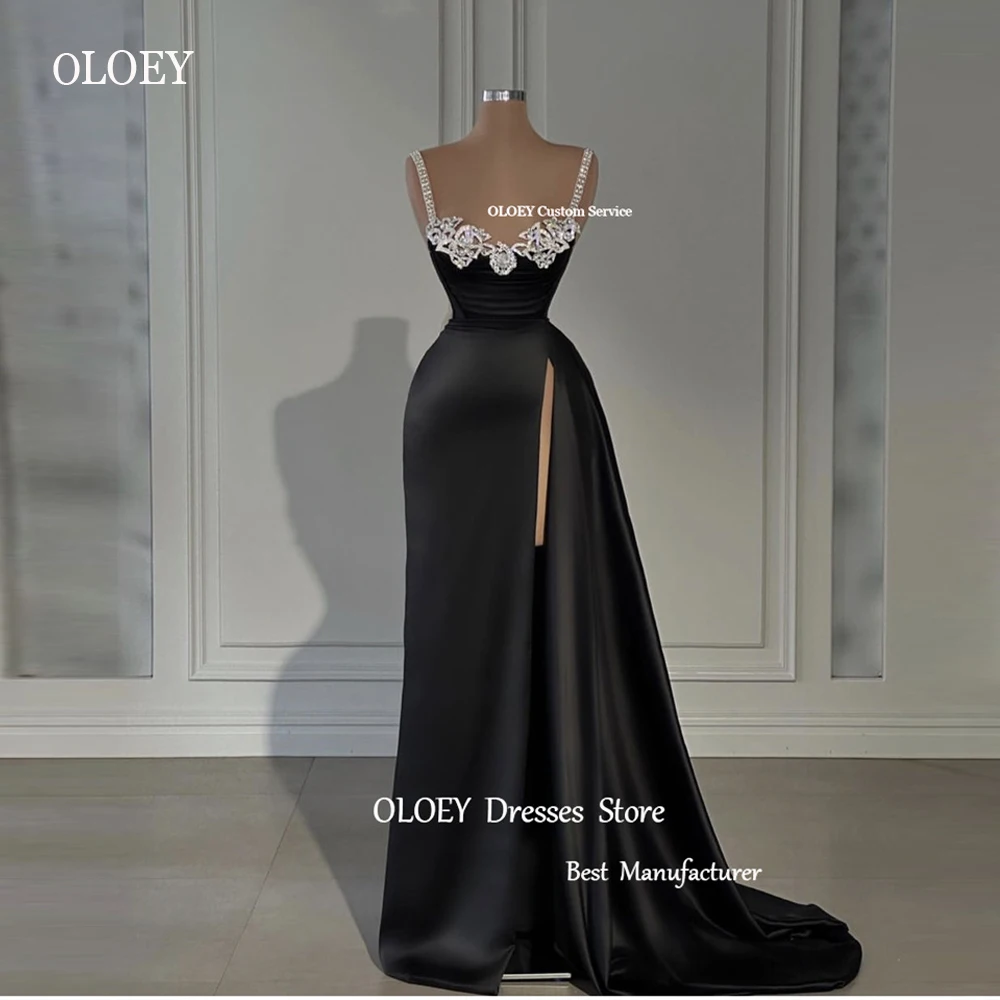 

OLOEY Modern Black A Line Evening Dresses Spaghetti Straps Crystal Split Dubai Arabic Women Prom Gowns Formal Party Event Dress
