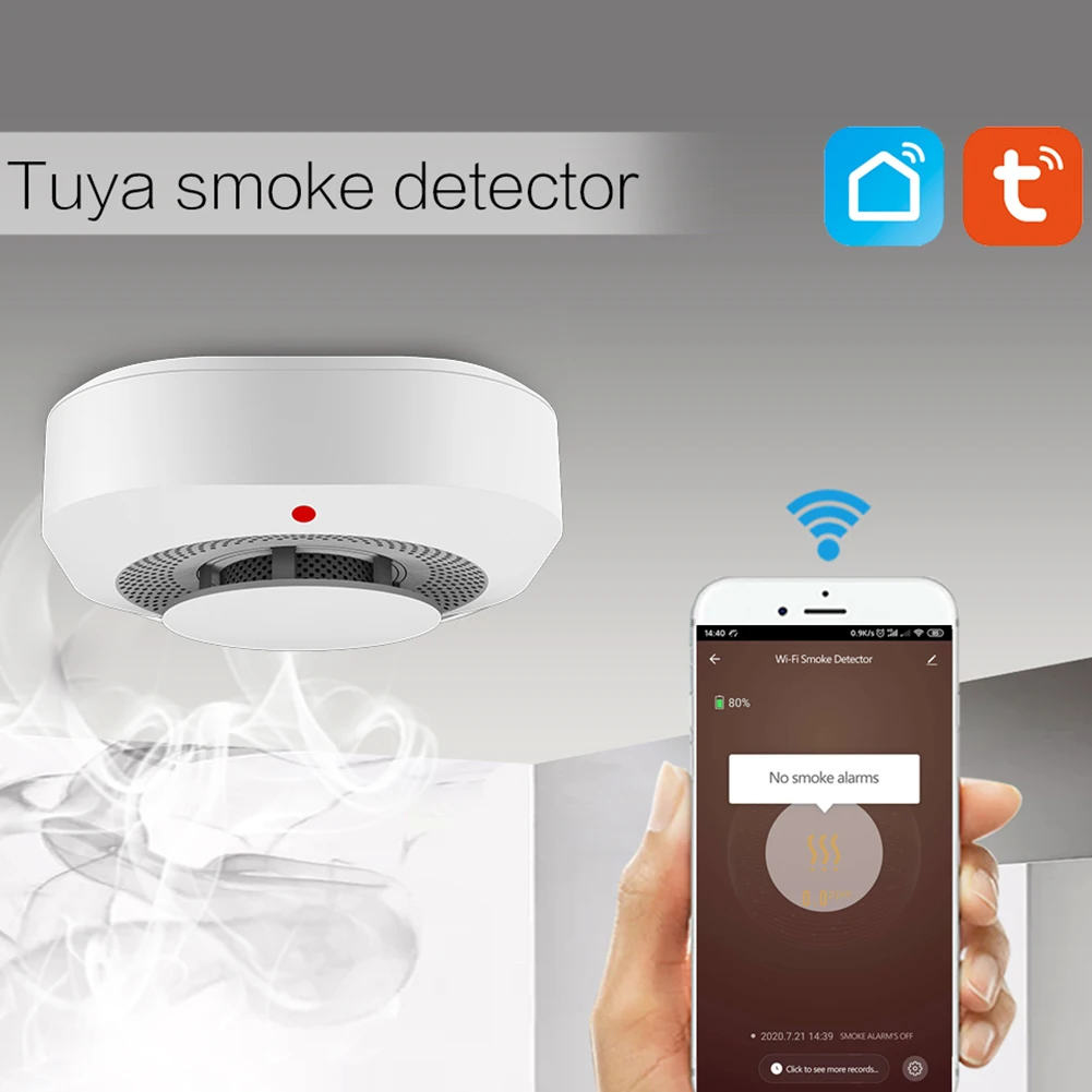 

Smoke Detector Sensor Alarm Anti-interference WiFi Tuya Fire Smoke Alarm Detector APP Push Compatible with Alexa/Google Home
