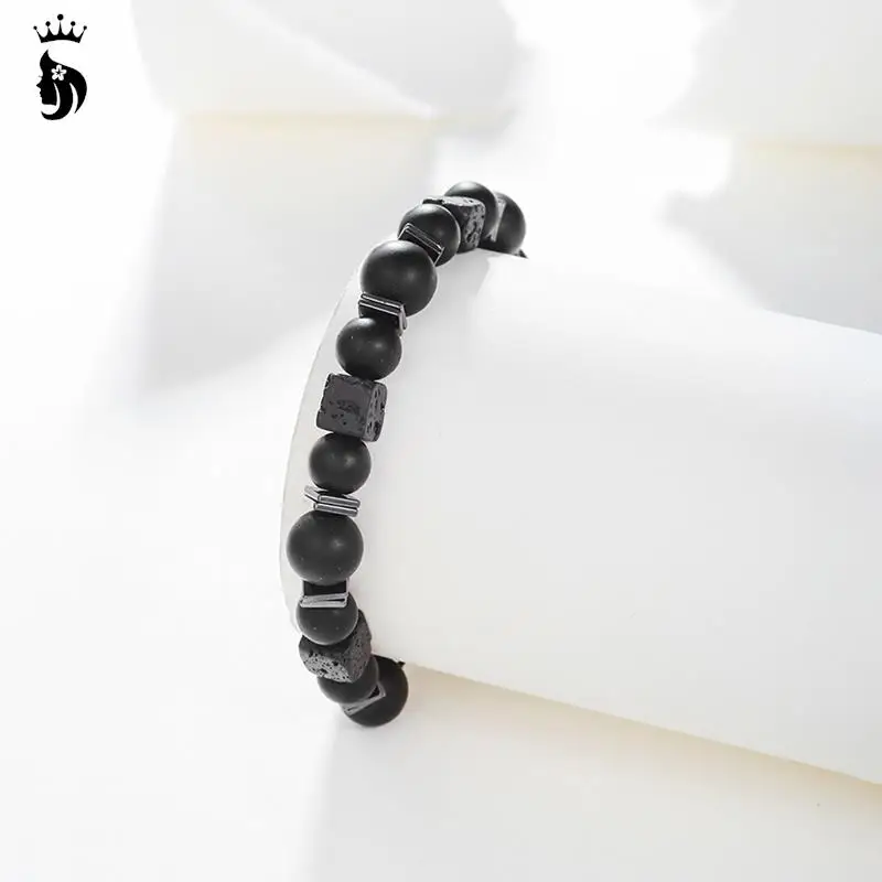 Черный Браслет из лавового квадратного вулканического камня мужской матовый