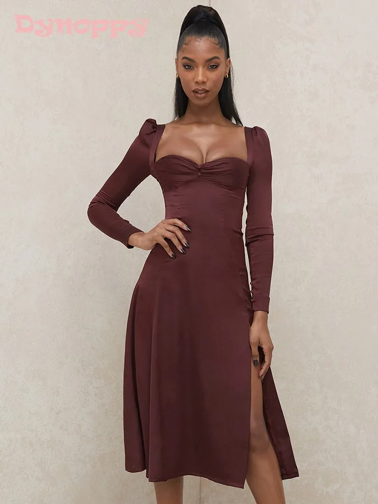 

Dynoppy Winter Women Sexy Long Dress Christmas Outfits Birthday Clothing Chic Slit Buttons Elegant Long Sleeve Satin Party Dress