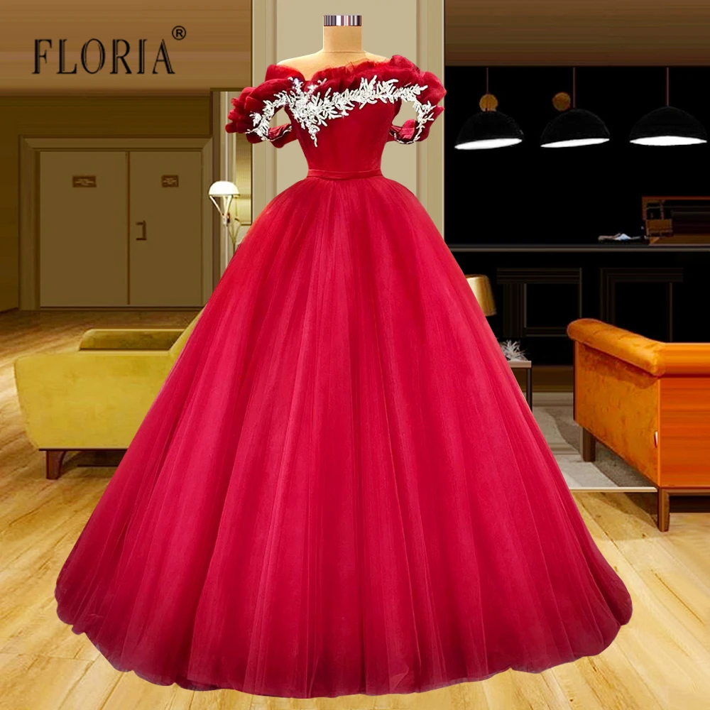 

Elegant Long Red Off The Shoulder Prom Dresses 2022 Ball Gown Appliques Beaded Ball Reflective Dress Robe de Soiree Party Robes