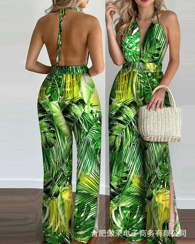

Sexy Backless Green V Neck Sleeveless Print Neck Jumpsuit Women 2022 Summer New Casual High Waist Beach Style Jumpsuits