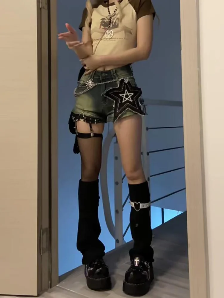 HOUZHOU Grunge Y2k Short Jeans Women Vintage Star Girl High Waist Denim Shorts Sexy Gyaru Korean Streetwear Punk American Retro