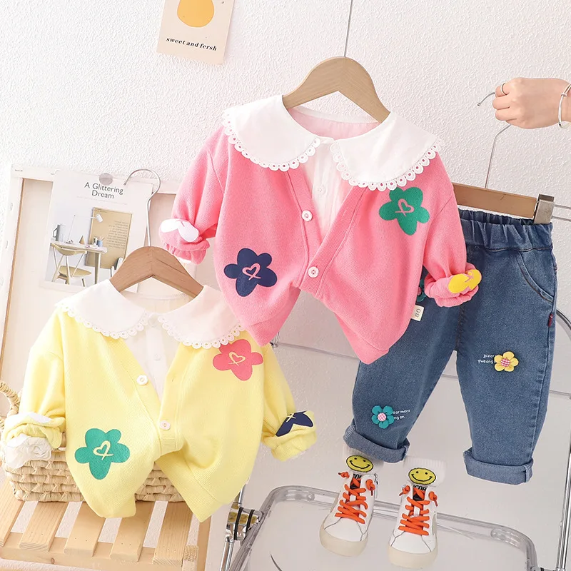 

Spring Baby Girls Clothing Set Flower 3pcs Long Sleeve Coat+White Shirt+ Jean Pants Tracksuit Kids Toddler Girl Clothes 1-5Y B14