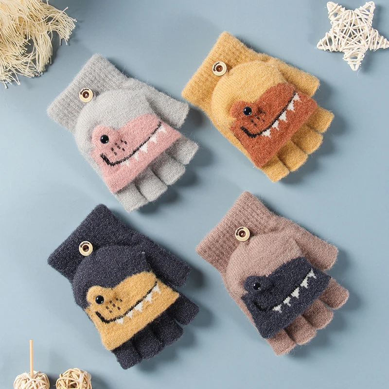 

Cartoon Kids Half Finger Gloves Winter Knitted Fingerless Gloves Cute Baby Boys Girls Flip Gloves Warm Children's Mittens 6-10Y
