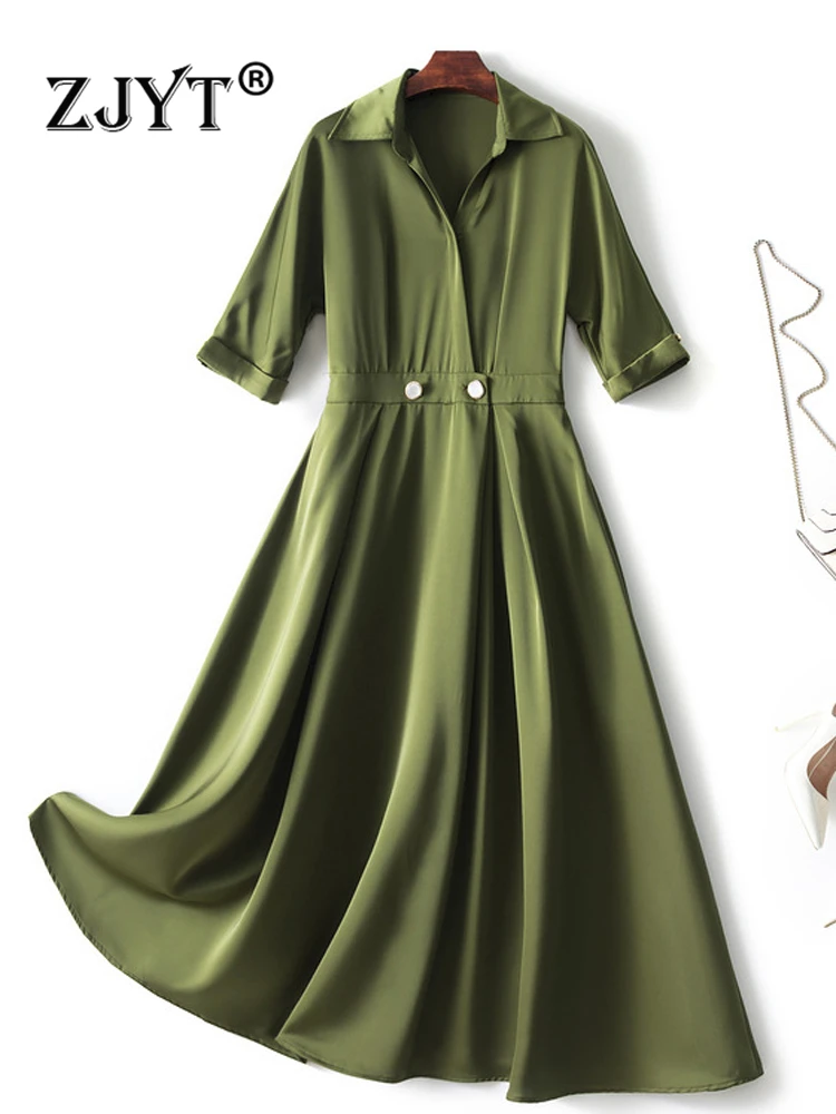 

ZJYT Elegant Lady Designer Autumn Midi Dresses for Women 2022 New Arrival Three Quarter Sleeves Solid Aline Office Vestidos