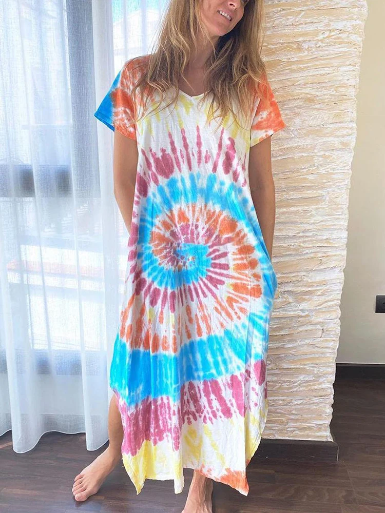 Платье-футболка женское прямого покроя с принтом пляжная одежда свободный