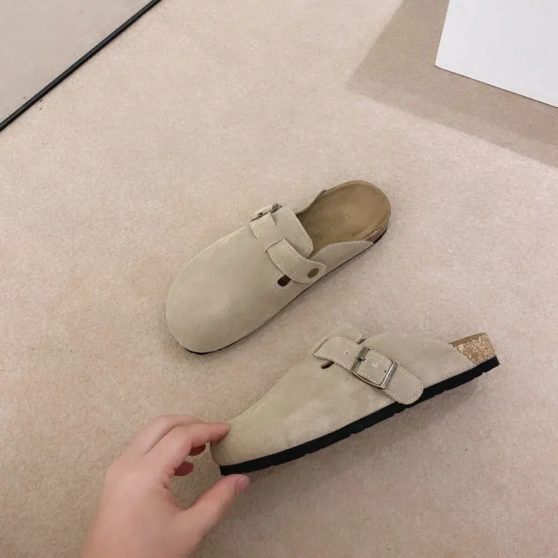 2023 Fashion Women's Leather Sandals Spring Summer New Frosted Cowhide Baotou Half Slippers Women Home Outdoor Slides Shoess