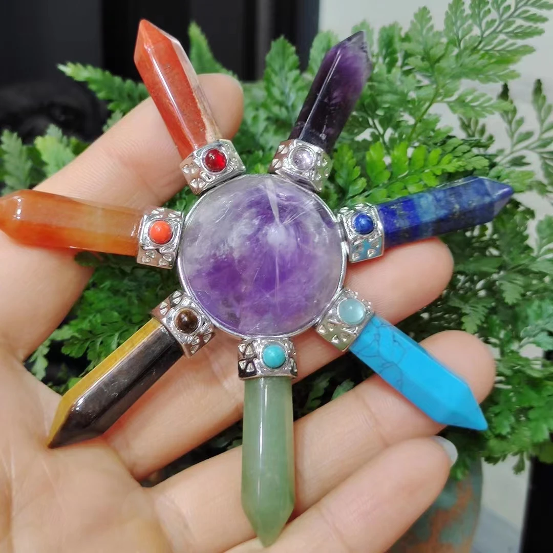 

Seven Chakras Agate Jade Amethyst Hexagonal Point pyramid Ornaments Rainbow Crystal Healing Reiki Yoga Meditaion Gemstone