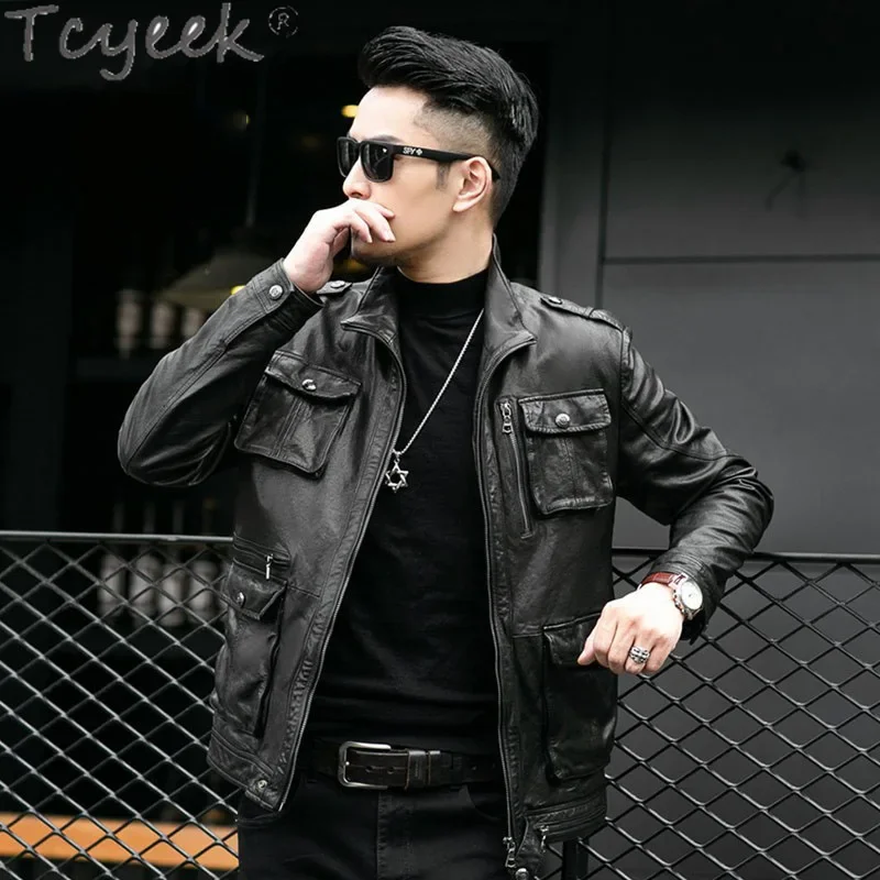 Tcyeek мужские дубленки из натуральной овчины винтажные куртки кожи