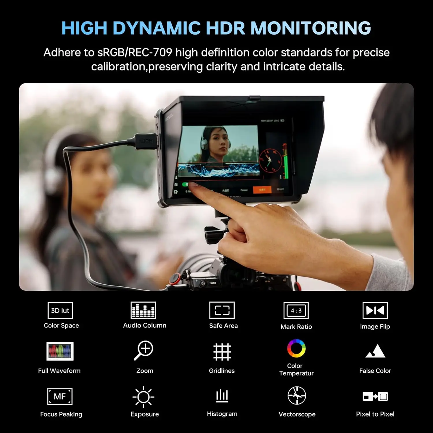 Фото Портативный 7-дюймовый сенсорный монитор VILTROX DC‑L1, вход HDMI 1.4, 3D LUT, векторный анализатор сигнала, защита от солнца для съемки на беззеркальные и зеркальные камеры №2