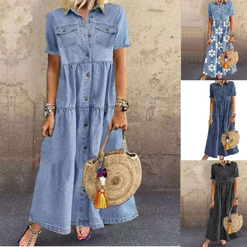 

Women's Dress Ladies Summer Fashion Retro Women Short Sleeve Turn Down Collar Pockets Buttons Long Loose Denim Jean Dress