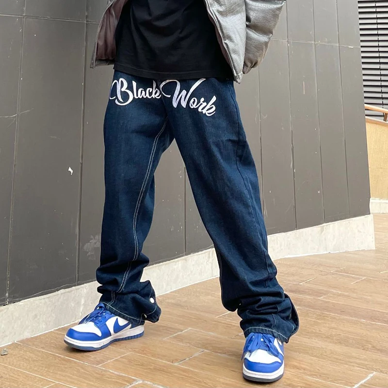 Джинсы женские прямые с вышивкой букв свободные штаны широкими штанинами