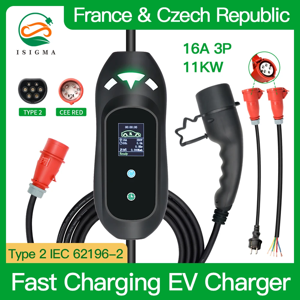 

ISIGMA 11KW 16A 3Phase IEC 62196 Type 2 Fast EV Charger With CEE Red Plug 8A 10A 13A 16A Adjustable For Electric Cars Charging