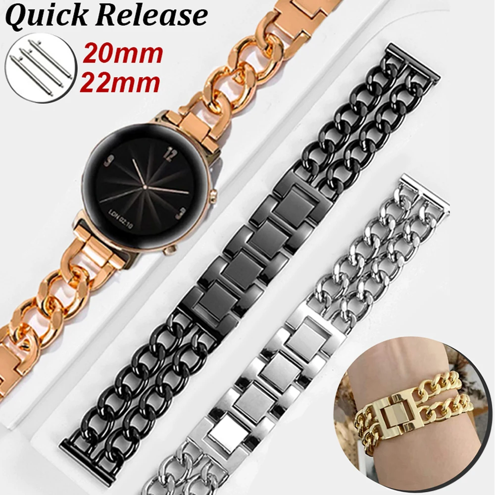 20 22mm Luxury Metal Chain Strap For Samsung Watch 4 5pro 40mm/46mm Galaxy Active For Huawei GT 3pro 2e 43mmStainless Steel Band