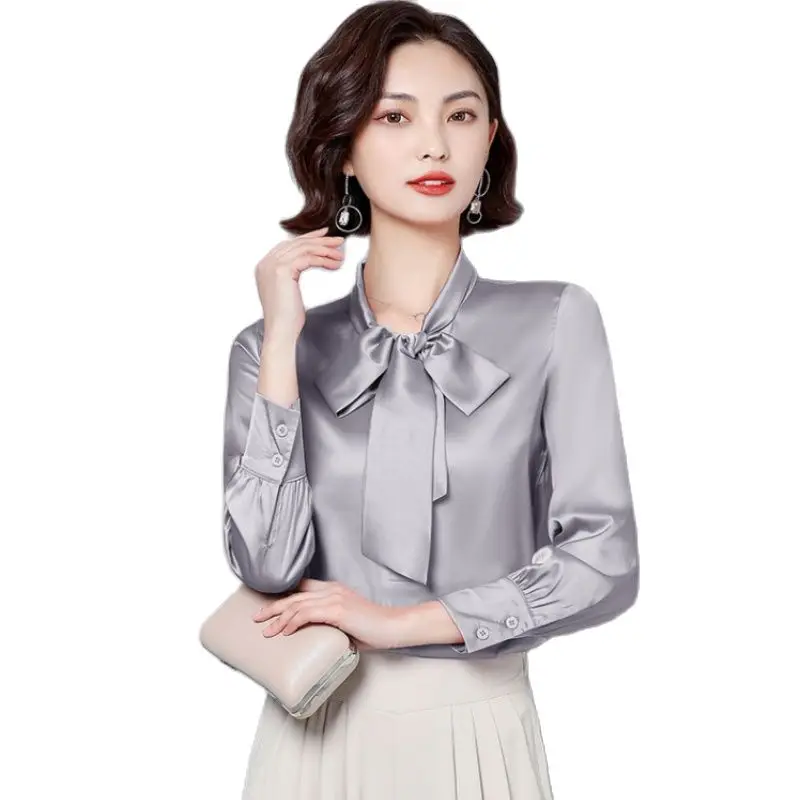 

Рубашка деловая с бантом, атласная блузка в стиле 90-х с длинными рукавами, на пуговицах, деловой стиль, повседневный Топ, офисная одежда