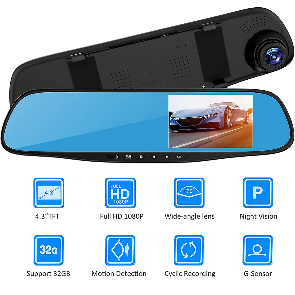 

Full HD 1080P 24H Car Dvr Camera Auto 4.3 Inch Rearview Mirror Dash Digital Video Recorder Dual Lens Registration Camcorder
