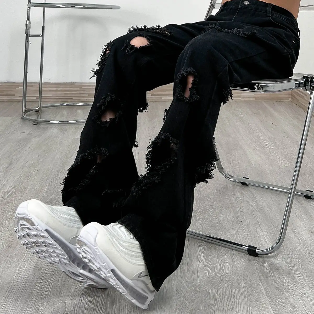 Мужские американские винтажные рваные джинсы High Street Прямые трубки Свободные