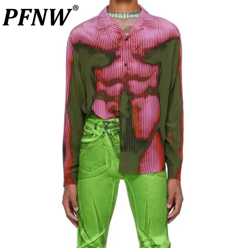 

PFNW Summer Autumn Men's New Chic Shirts Long Sleeve Tide Muscle Print Male Niche Design Tops Stylish High Street Punk 24B2701