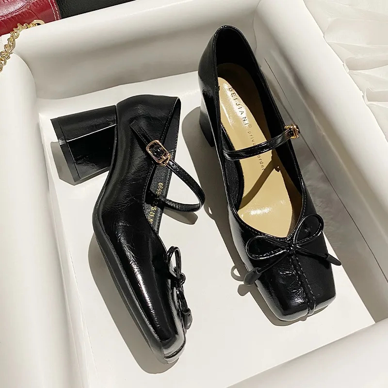 Туфли женские с бантом овечья кожа квадратный носок высокий толстый каблук