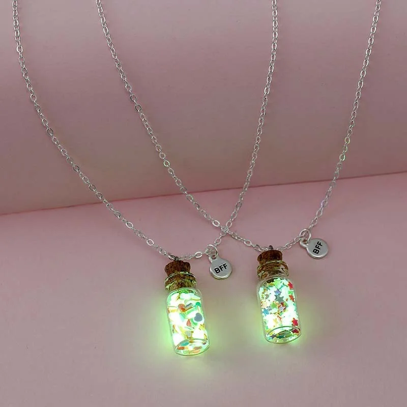 

Lovecryst 2Pcs/set Luminous Butterfly Shaped Sequins Bottle Pendant Chain BFF Necklaces for Girls Friendship Jewelry Gifts