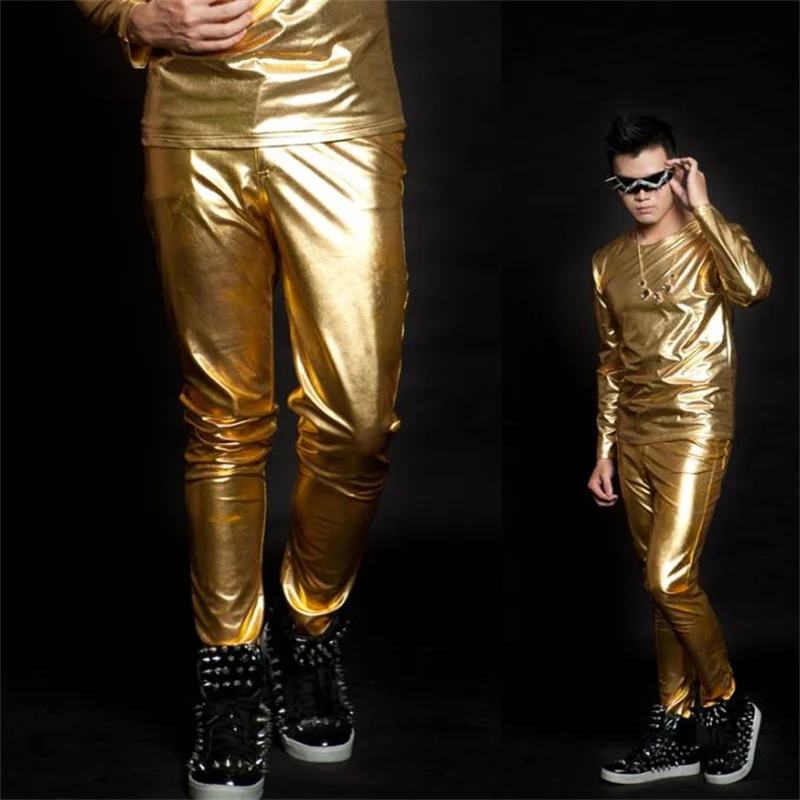 Stage personality gold novelty silver men pants motorcycle pant men feet trousers singer dance rock fashion pantalon homme