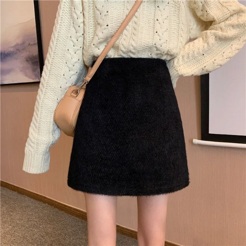 

Autumn Winter New Women Plush Skirt Plus Velvet Warm Sexy Package Hip Skirt Slim Straight High Waist Large Size Black Miniskirt