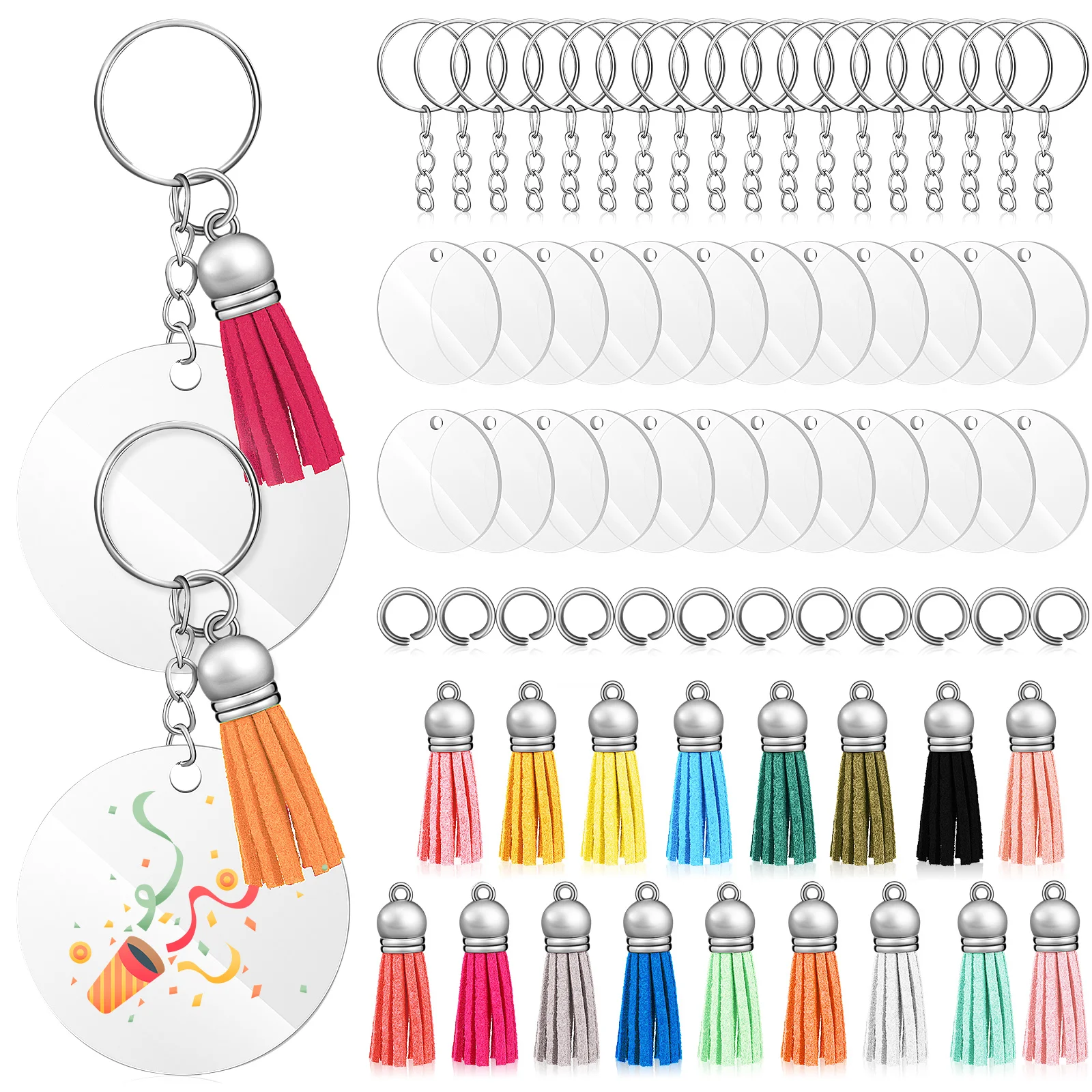 

120 Pcs DIY Keychains Blanks Accessories Acrylic Board Pendants Tassels Keyrings Jump Rings for Creative Craft