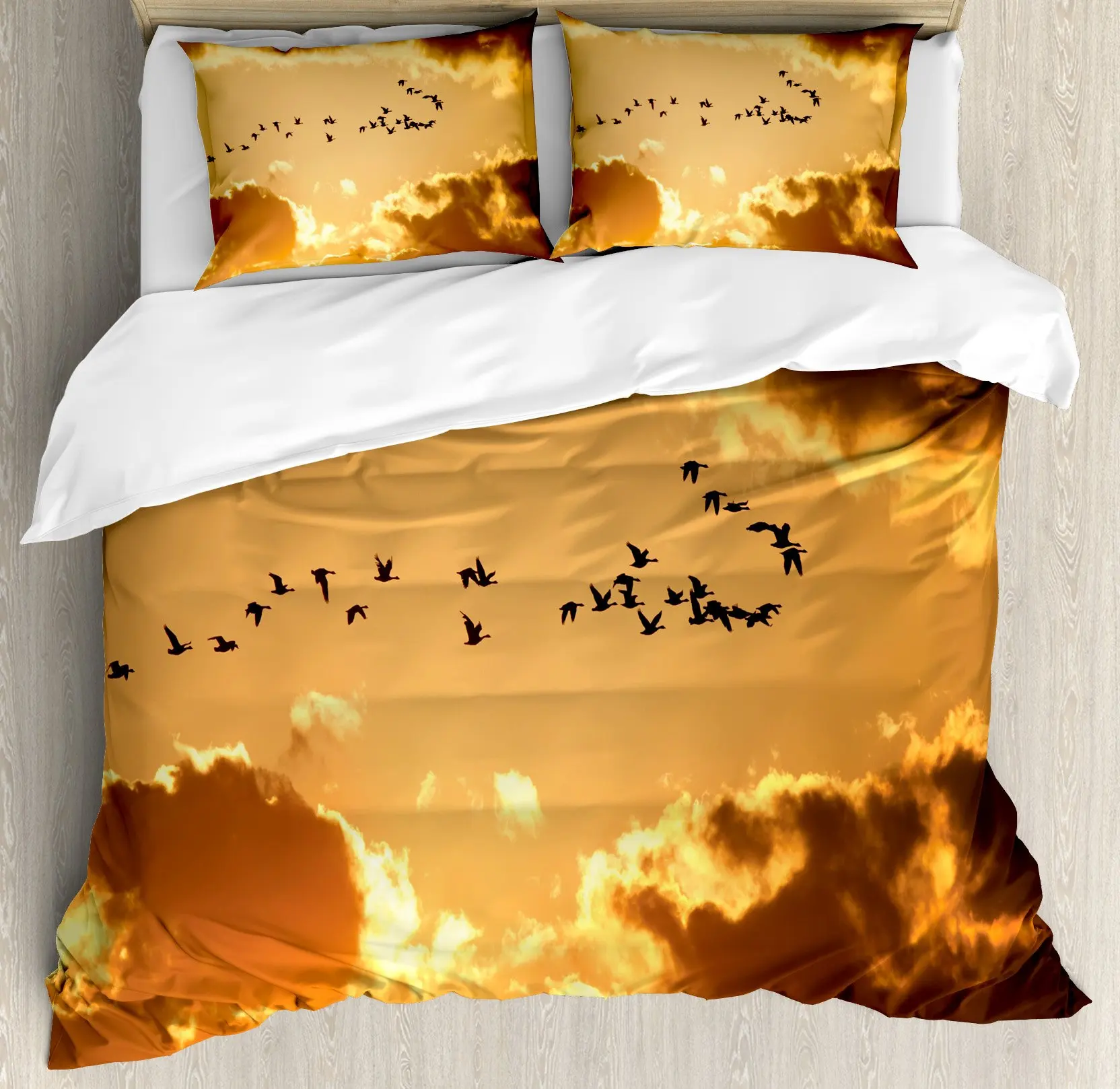Фото Пейзажные пододеяльники для подростков и взрослых, пододеяльник Queen Dusk Orange Sunset с 2-мя наволочками, комплект постельного белья с романтическими закатами и птицами №5